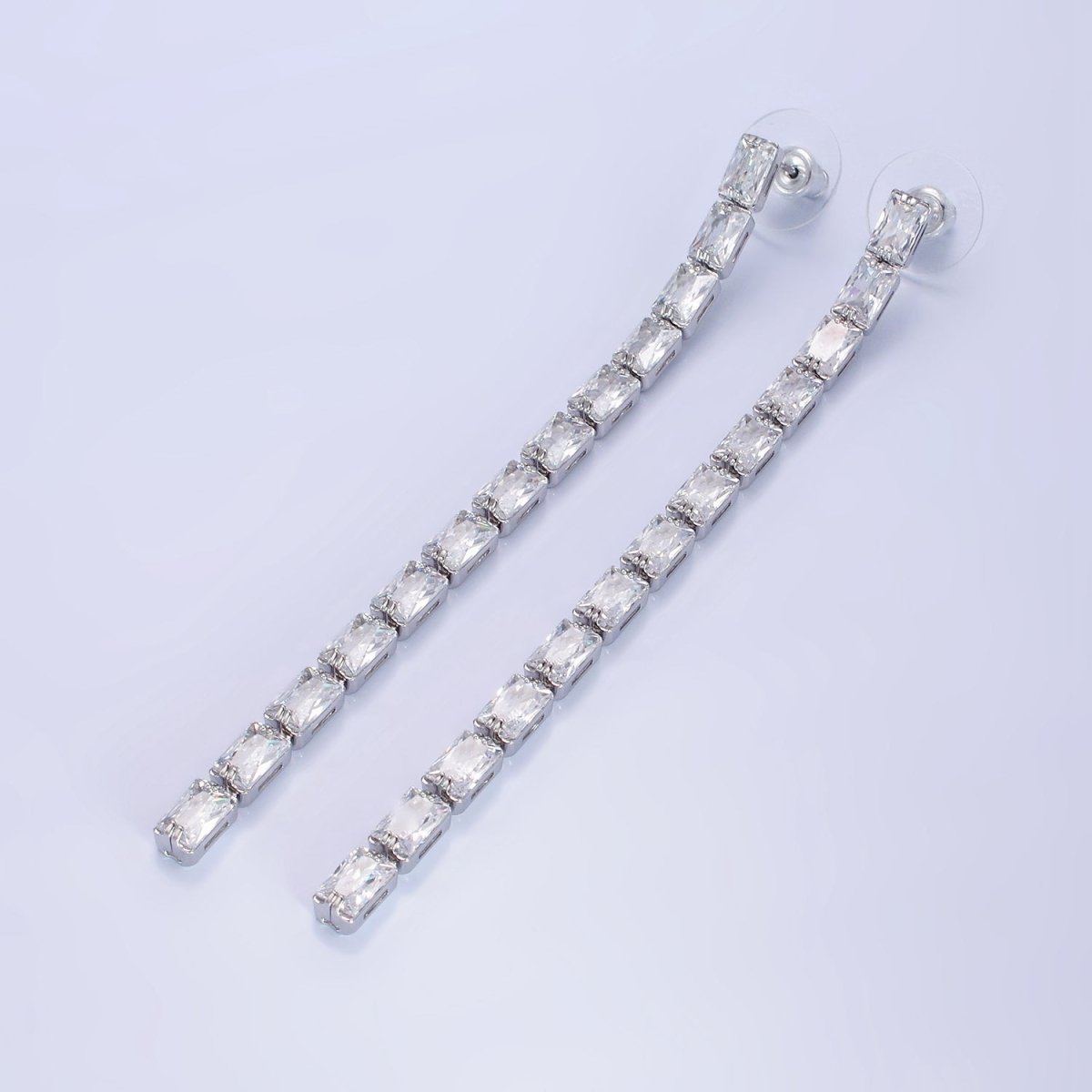 14K Gold Filled 100mm Clear Baguette CZ Drop Stud Earrings in Gold & Silver | AE497 AE498