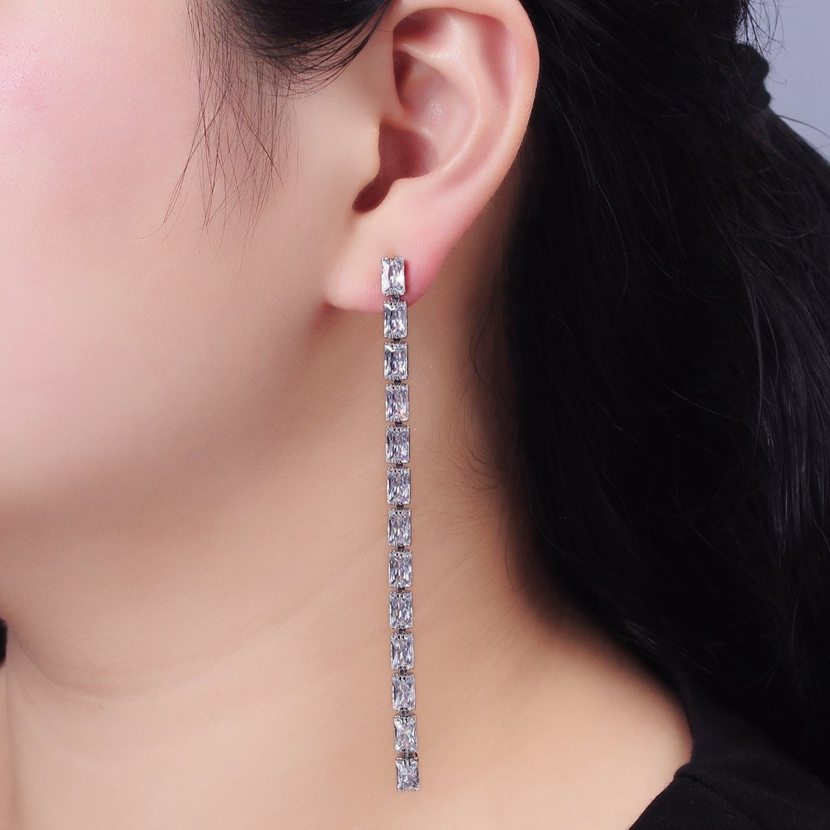 14K Gold Filled 100mm Clear Baguette CZ Drop Stud Earrings in Gold & Silver | AE497 AE498