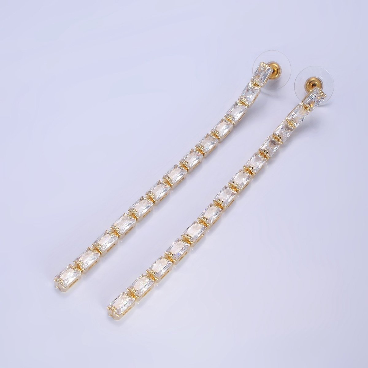 14K Gold Filled 100mm Clear Baguette CZ Drop Stud Earrings in Gold & Silver | AE497 AE498