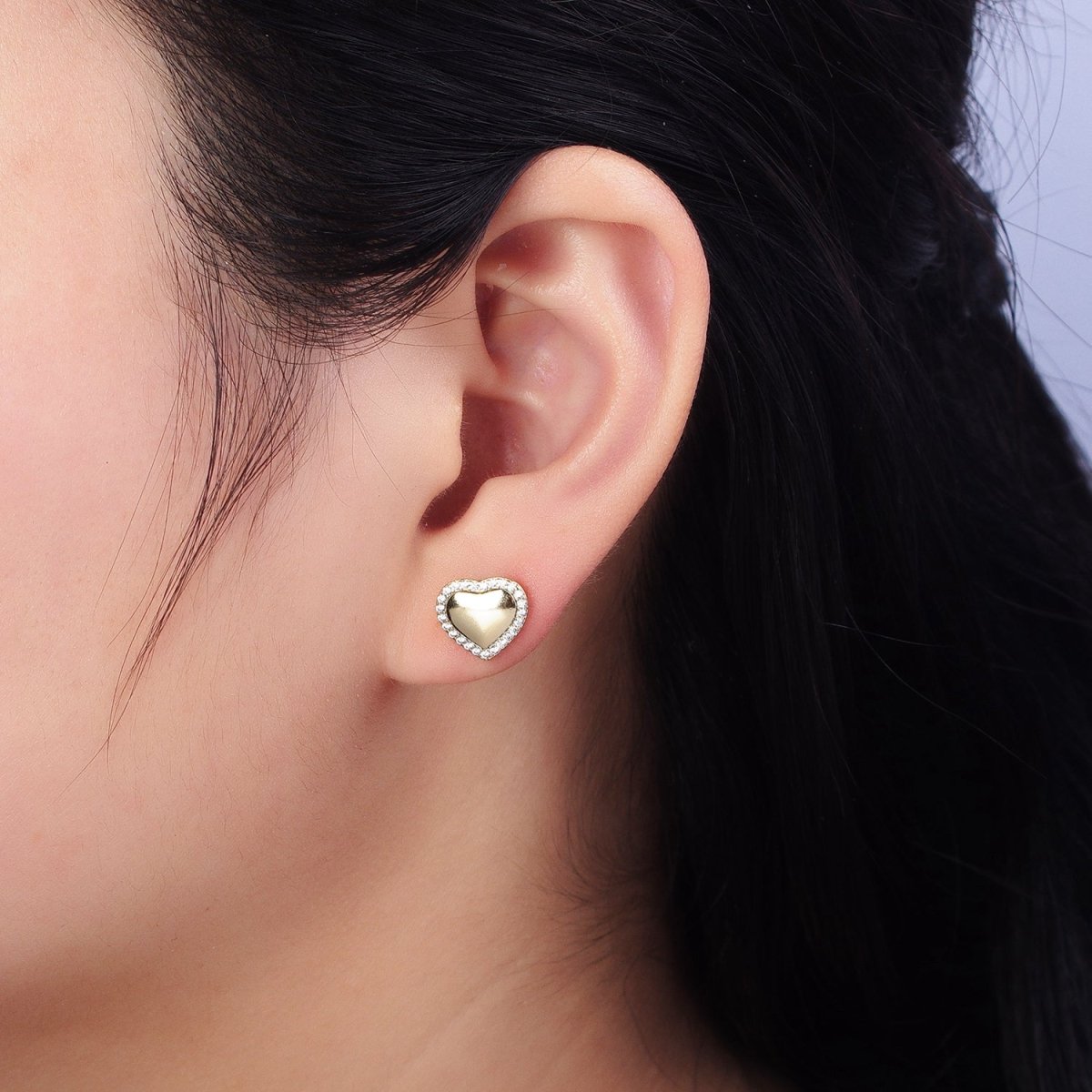 14K Gold Filled 10.5mm Golden Heart Micro Paved CZ Stud Earrings | AD1446 - DLUXCA