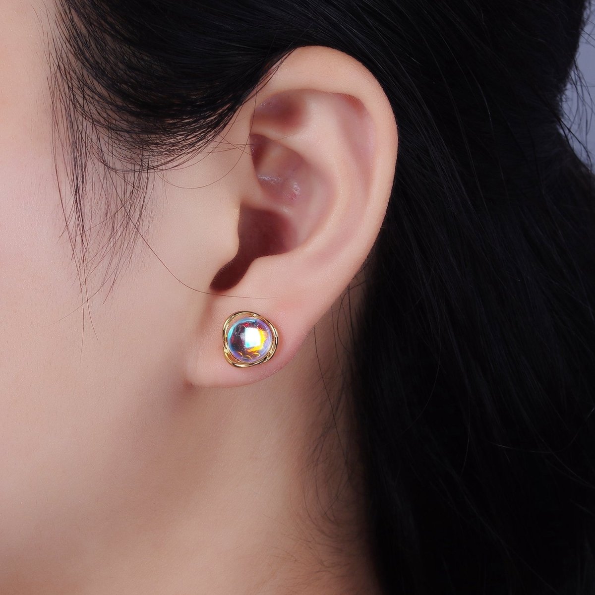 14K Gold Filled 10mm Iridescent CZ Open Round Stud Earrings | V315 - DLUXCA