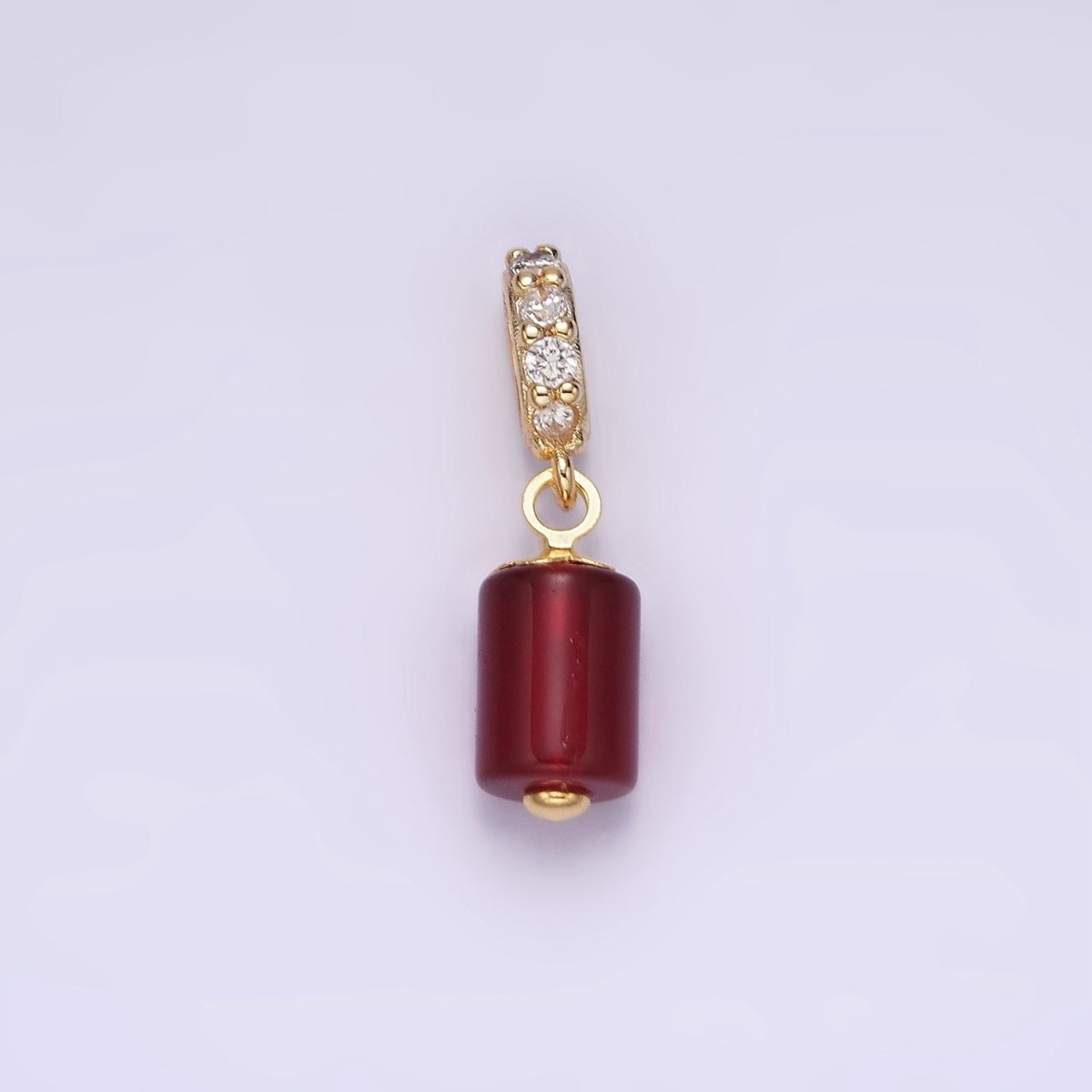 14K Gold Filled 10mm Red Carnelian Gemstone Tube Clear Micro Paved CZ Bail Pendant | N1865 - DLUXCA