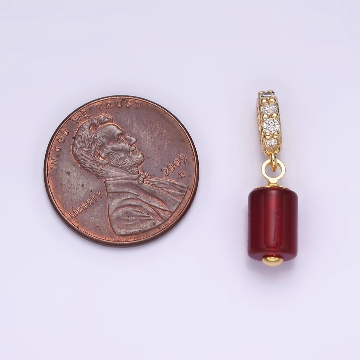 14K Gold Filled 10mm Red Carnelian Gemstone Tube Clear Micro Paved CZ Bail Pendant | N1865 - DLUXCA