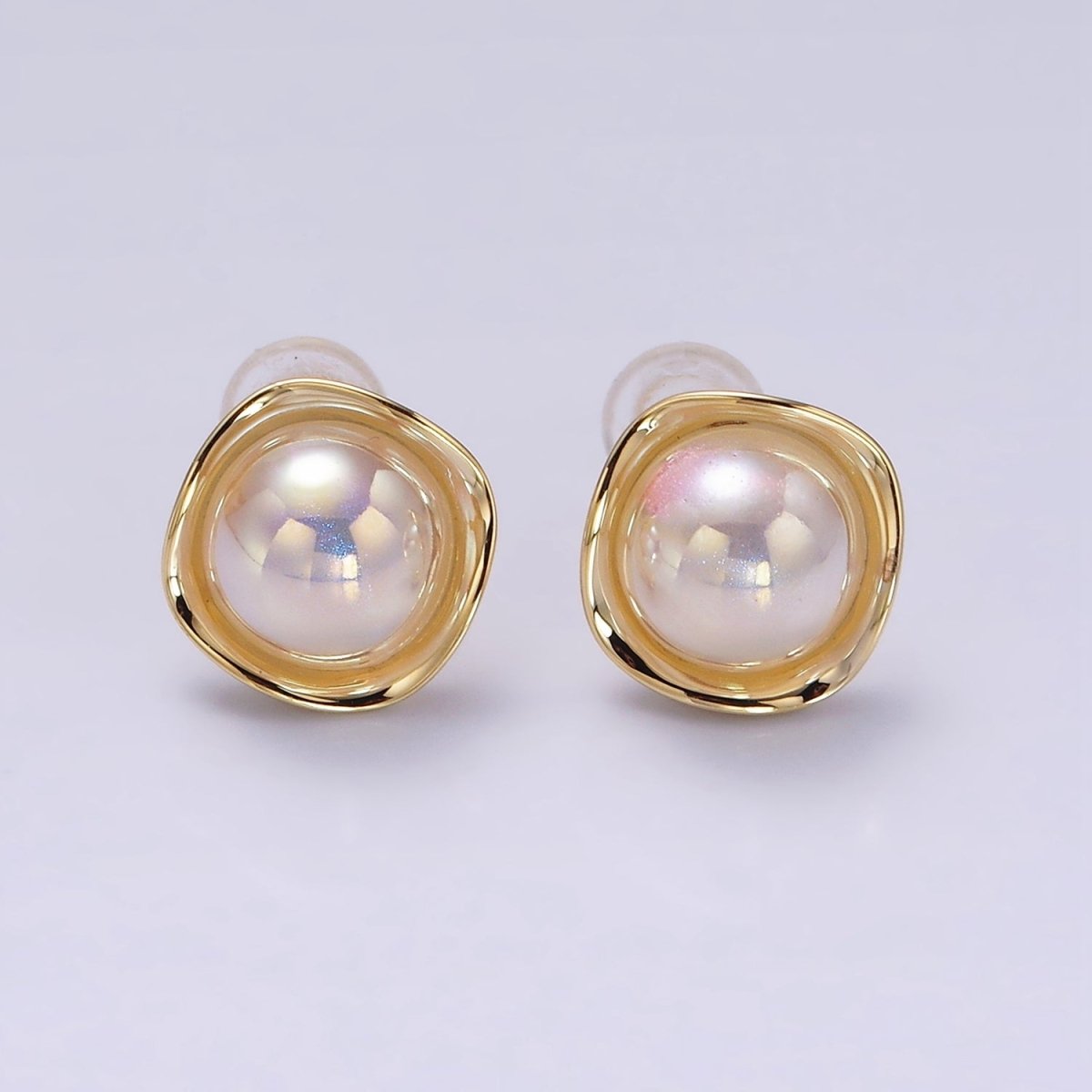 14K Gold Filled 10mm Round Iridescent Pearl Round Square Bezel Stud Earrings | V275