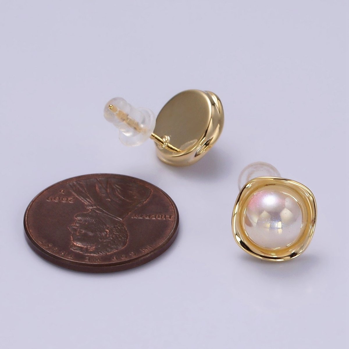 14K Gold Filled 10mm Round Iridescent Pearl Round Square Bezel Stud Earrings | V275