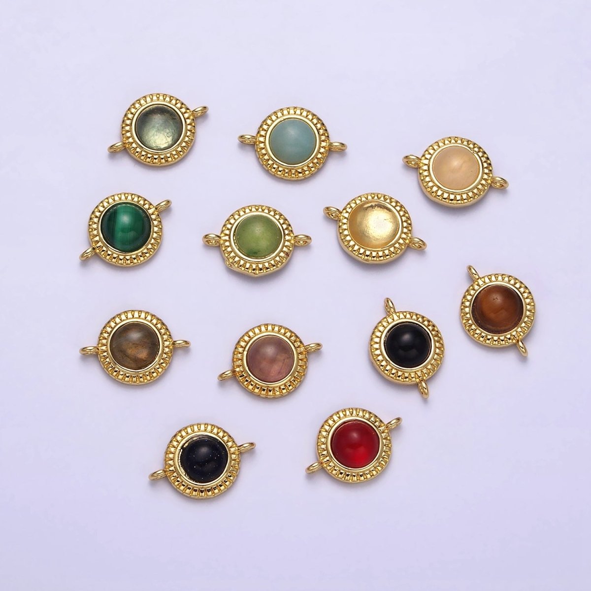 14K Gold Filled 10mm Round Natural Gemstone Lined Connector | Y-738 ~ Y-749
