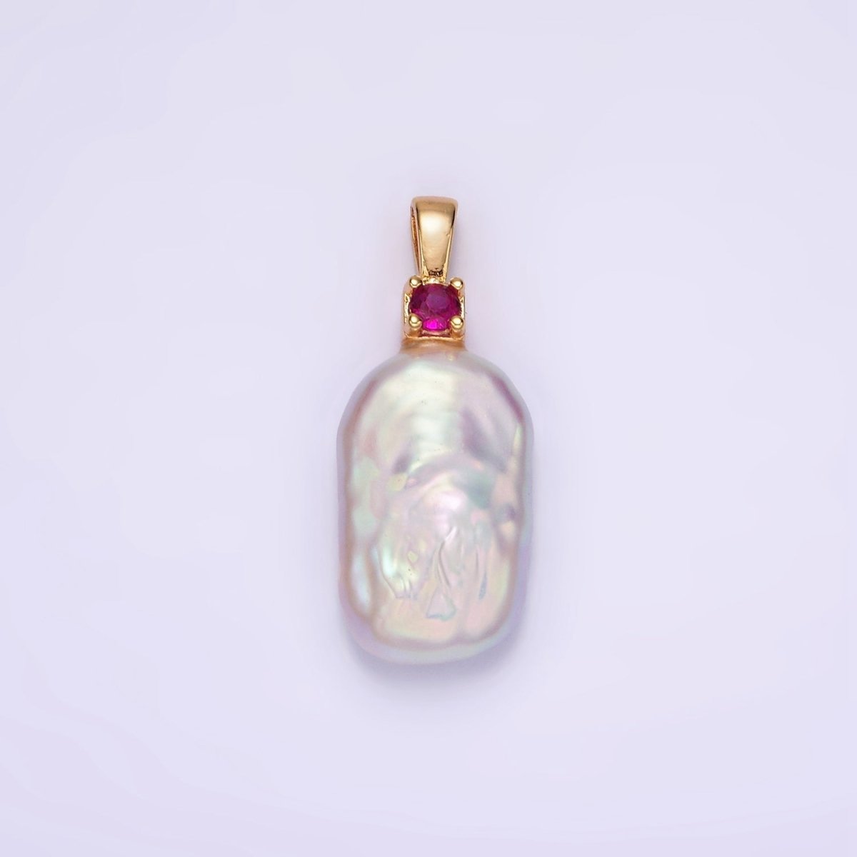 14K Gold Filled 10mm White Rectangular Biwa Freshwater Pearl Green, Pink, Clear, Fuchsia CZ Pendant | P1600 - P1603