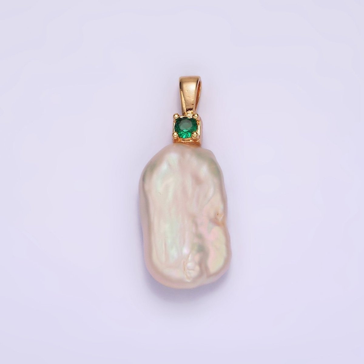 14K Gold Filled 10mm White Rectangular Biwa Freshwater Pearl Green, Pink, Clear, Fuchsia CZ Pendant | P1600 - P1603