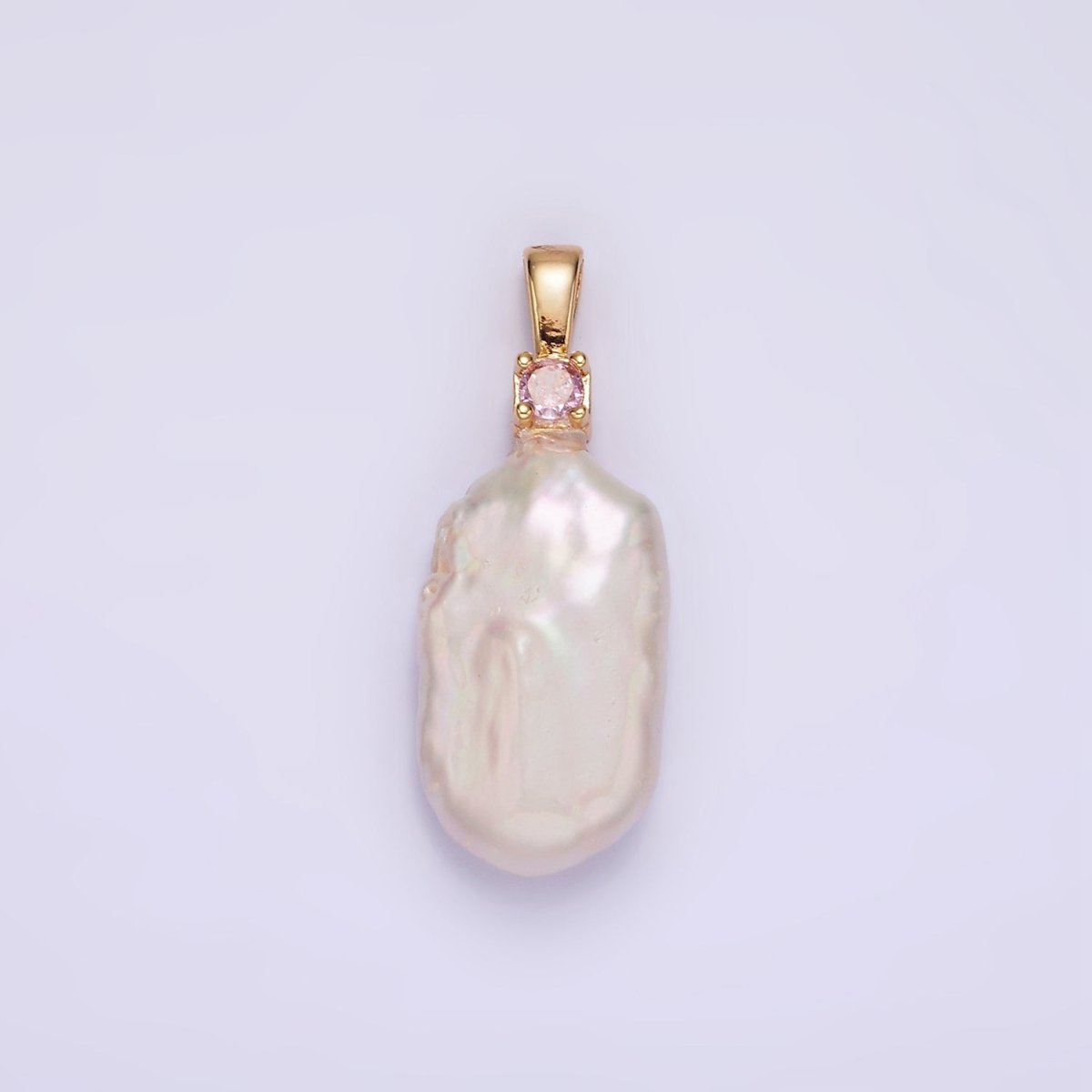 14K Gold Filled 10mm White Rectangular Biwa Freshwater Pearl Green, Pink, Clear, Fuchsia CZ Pendant | P1600 - P1603