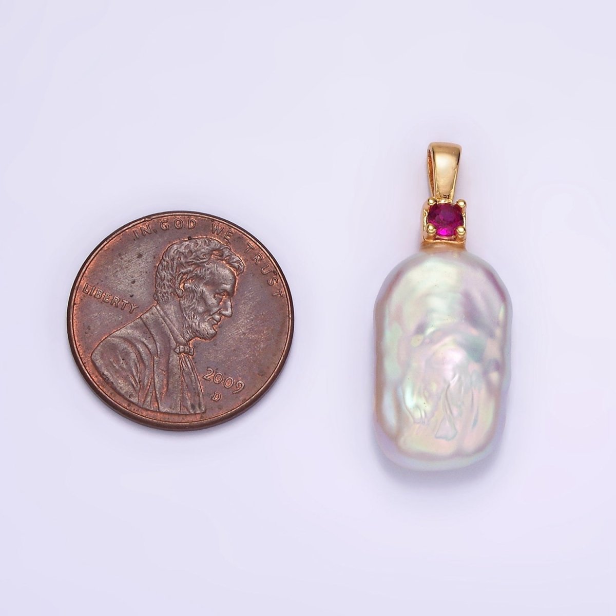 14K Gold Filled 10mm White Rectangular Biwa Freshwater Pearl Green, Pink, Clear, Fuchsia CZ Pendant | P1600 - P1603
