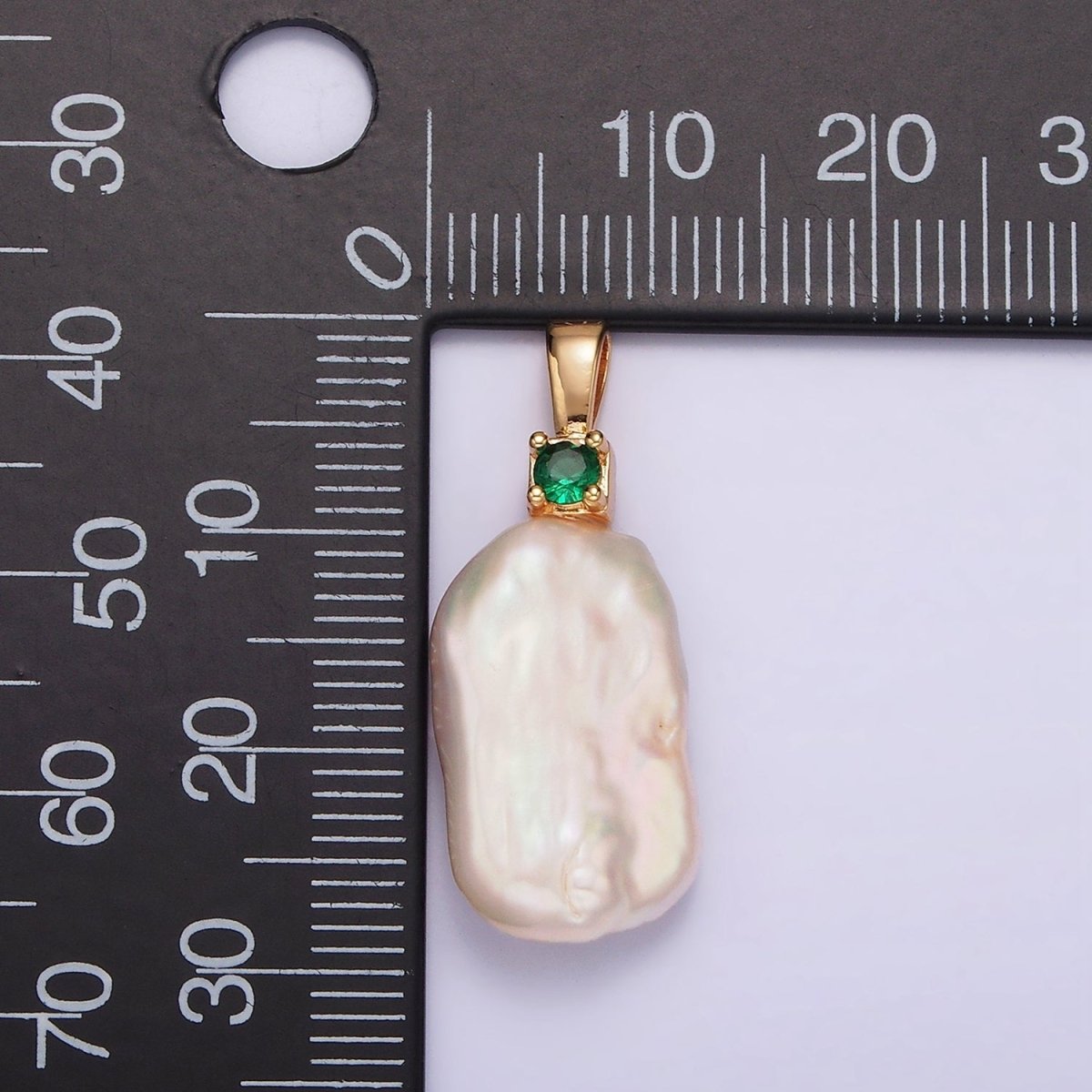 14K Gold Filled 10mm White Rectangular Biwa Freshwater Pearl Green, Pink, Clear, Fuchsia CZ Pendant | P1600 - P1603
