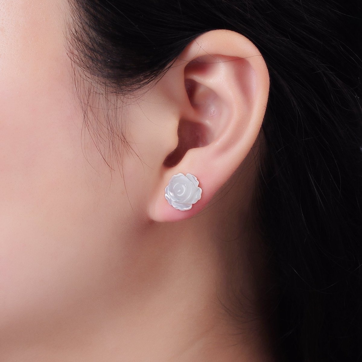 14K Gold Filled 10mm White Rose Flower Shell Pearl Stud Earrings | AB1139 - DLUXCA