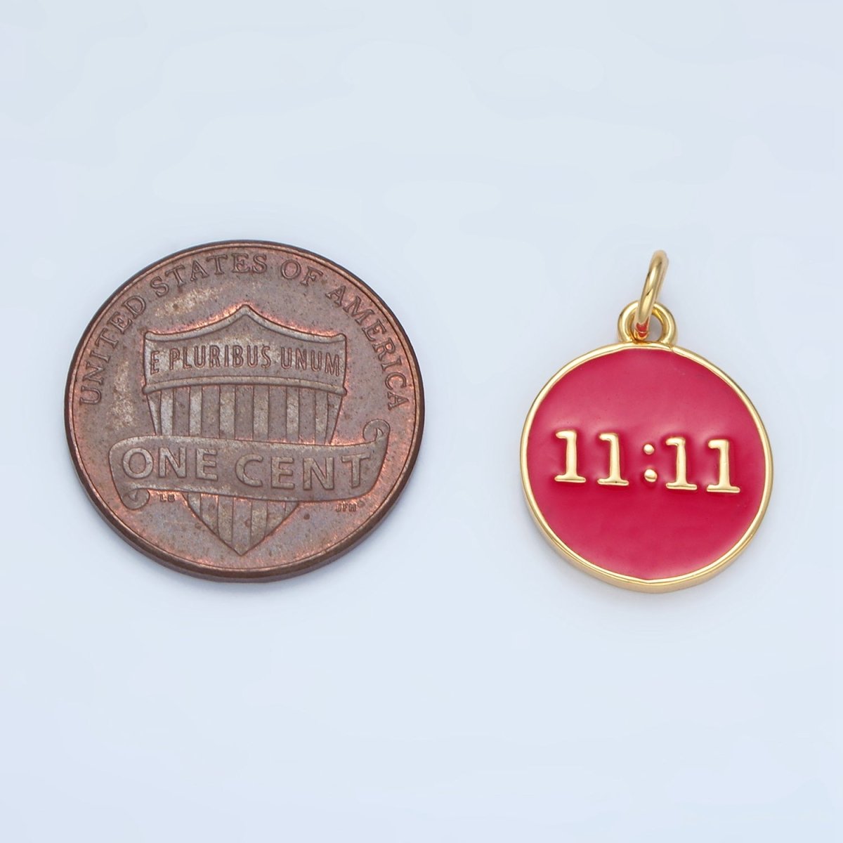 14K Gold Filled "11:11" Angel Number Clock Red Enamel Round Charm | AG940 - DLUXCA