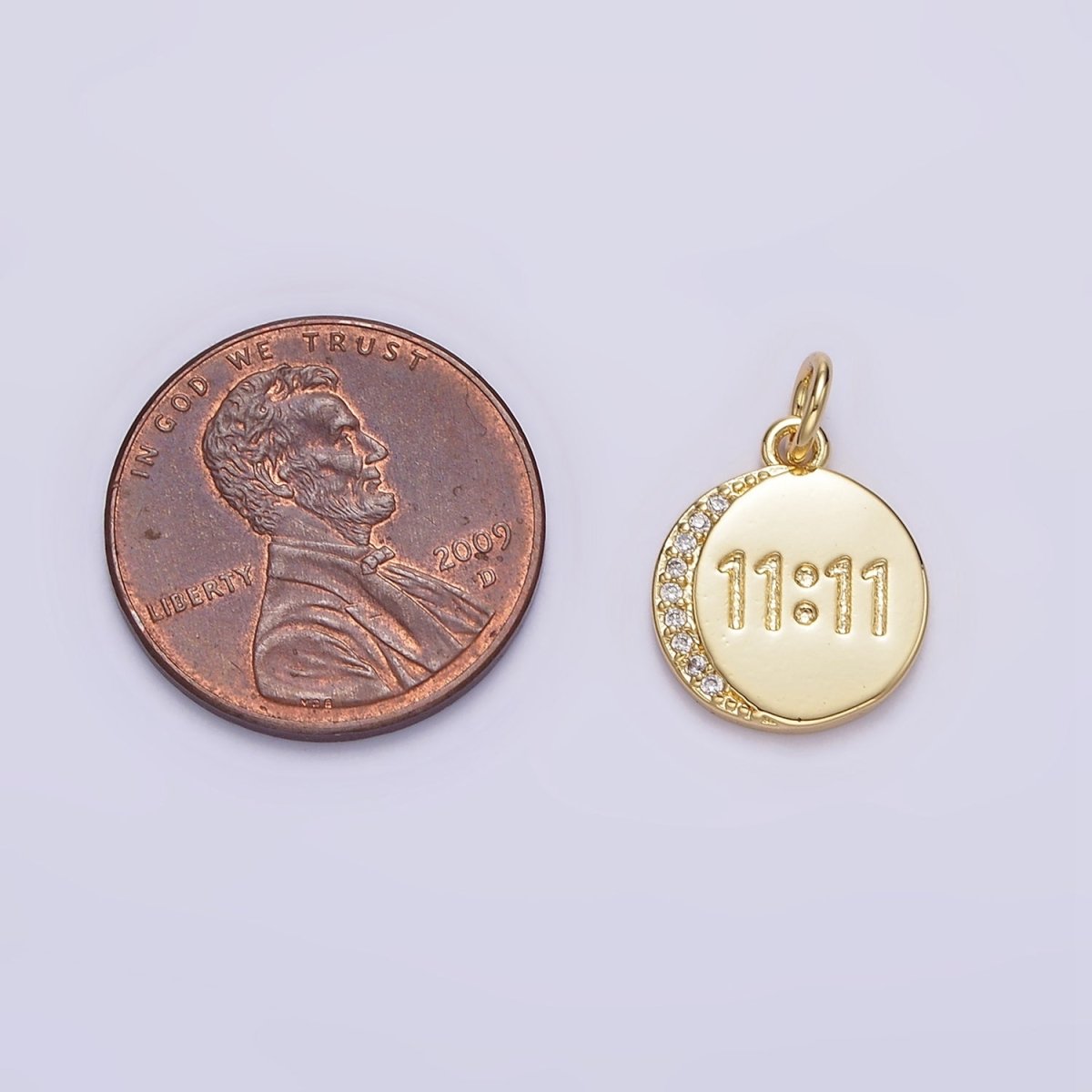 14K Gold Filled "11:11" Number Engraved Micro Paved CZ Crescent Moon Round Charm | N-937
