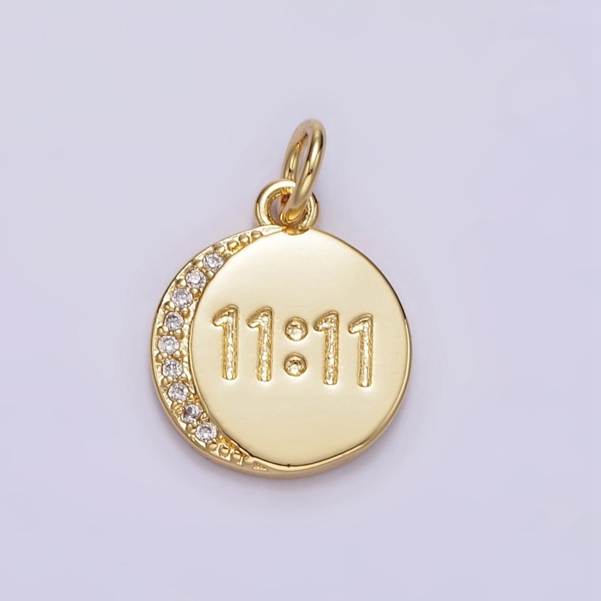14K Gold Filled "11:11" Number Engraved Micro Paved CZ Crescent Moon Round Charm | N-937