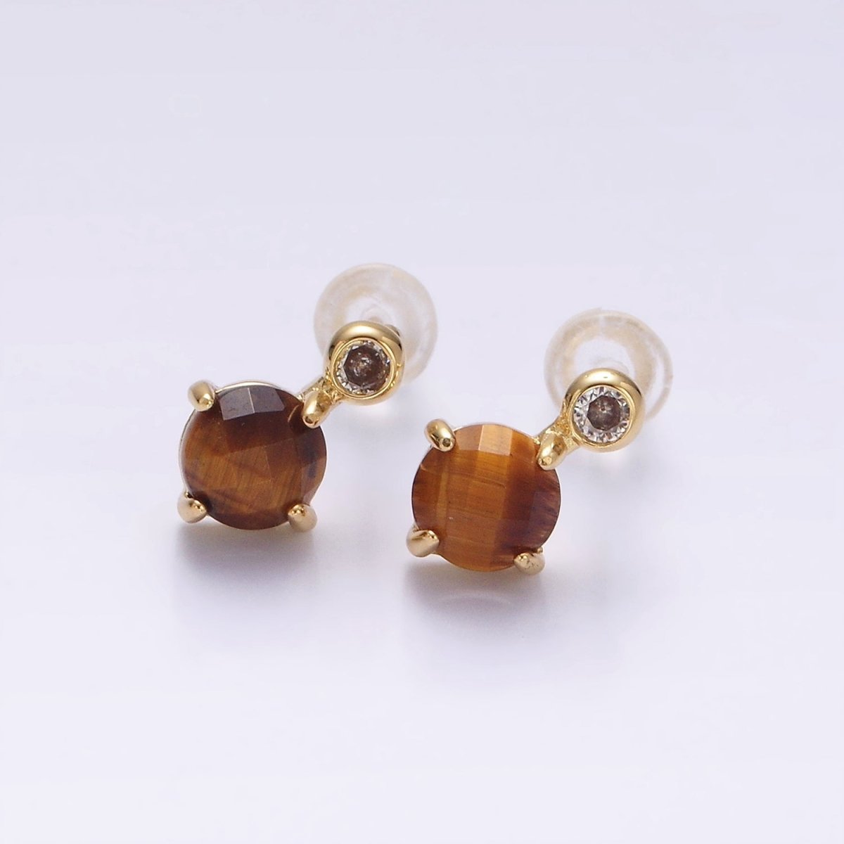14K Gold Filled 11mm Tiger Eye, Black Agate Multifaceted Round CZ Drop Stud Earrings | V-046 ,  V-048
