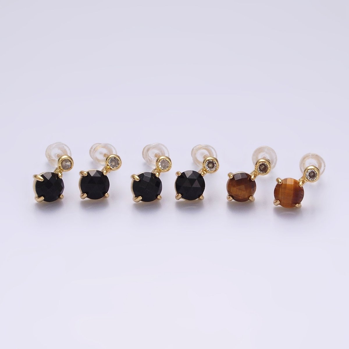 14K Gold Filled 11mm Tiger Eye, Black Agate Multifaceted Round CZ Drop Stud Earrings | V-046 ,  V-048