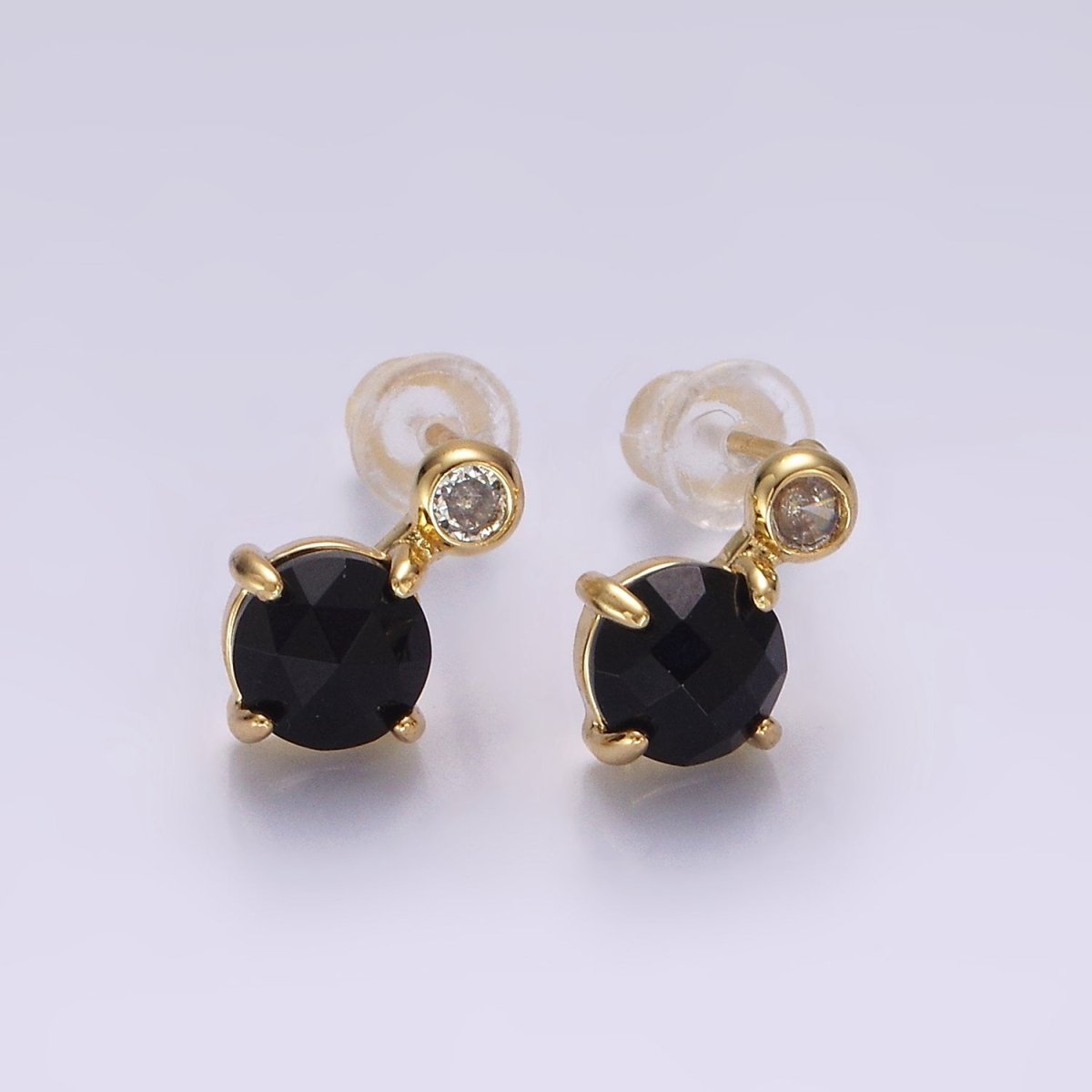 14K Gold Filled 11mm Tiger Eye, Black Agate Multifaceted Round CZ Drop Stud Earrings | V-046 ,  V-048