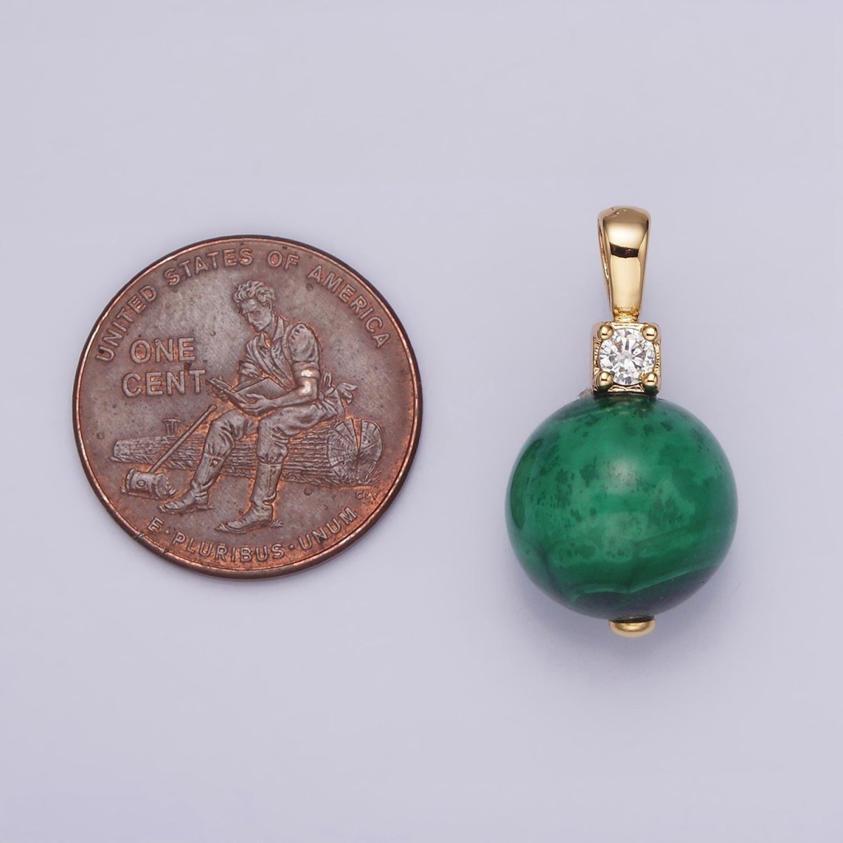 14K Gold Filled 12.5mm Round Malachite CZ Pendant | N1840