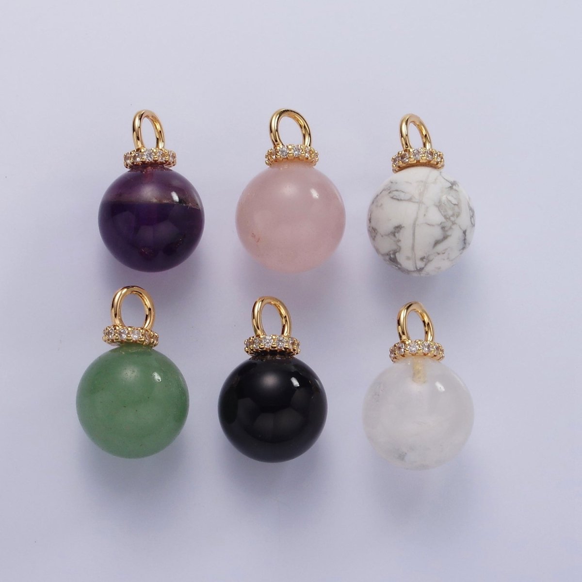 14K Gold Filled 12.5mm Round Sphere Ball Natural Gemstone Micro Paved CZ Drop Pendant | AC799 - AC804