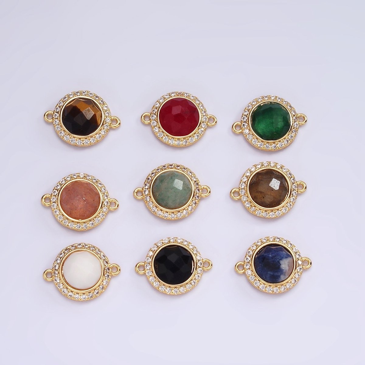14K Gold Filled 12mm Multifaceted Natural Gemstone Micro Paved CZ Round Connector | G143 - G151