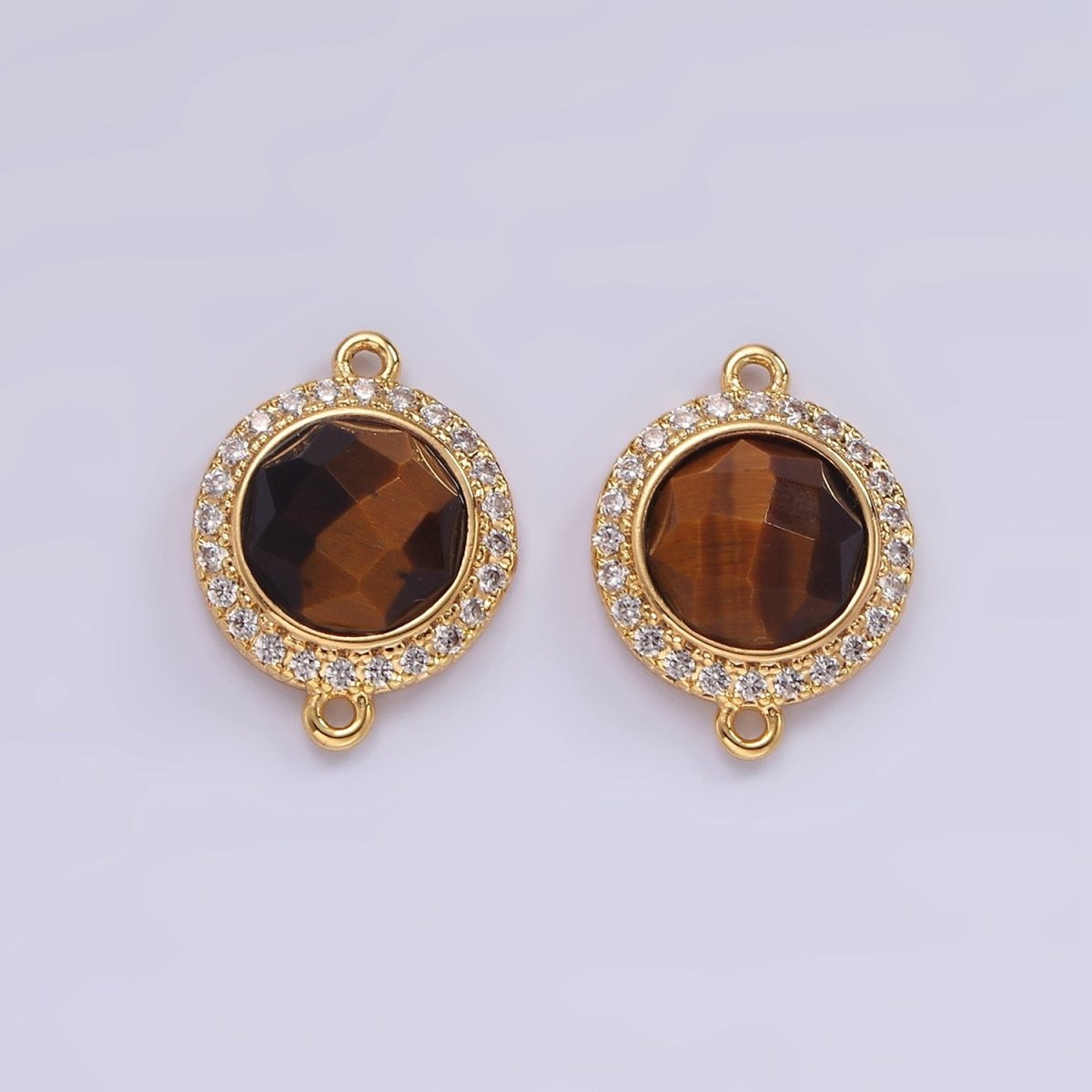 14K Gold Filled 12mm Multifaceted Natural Gemstone Micro Paved CZ Round Connector | G143 - G151