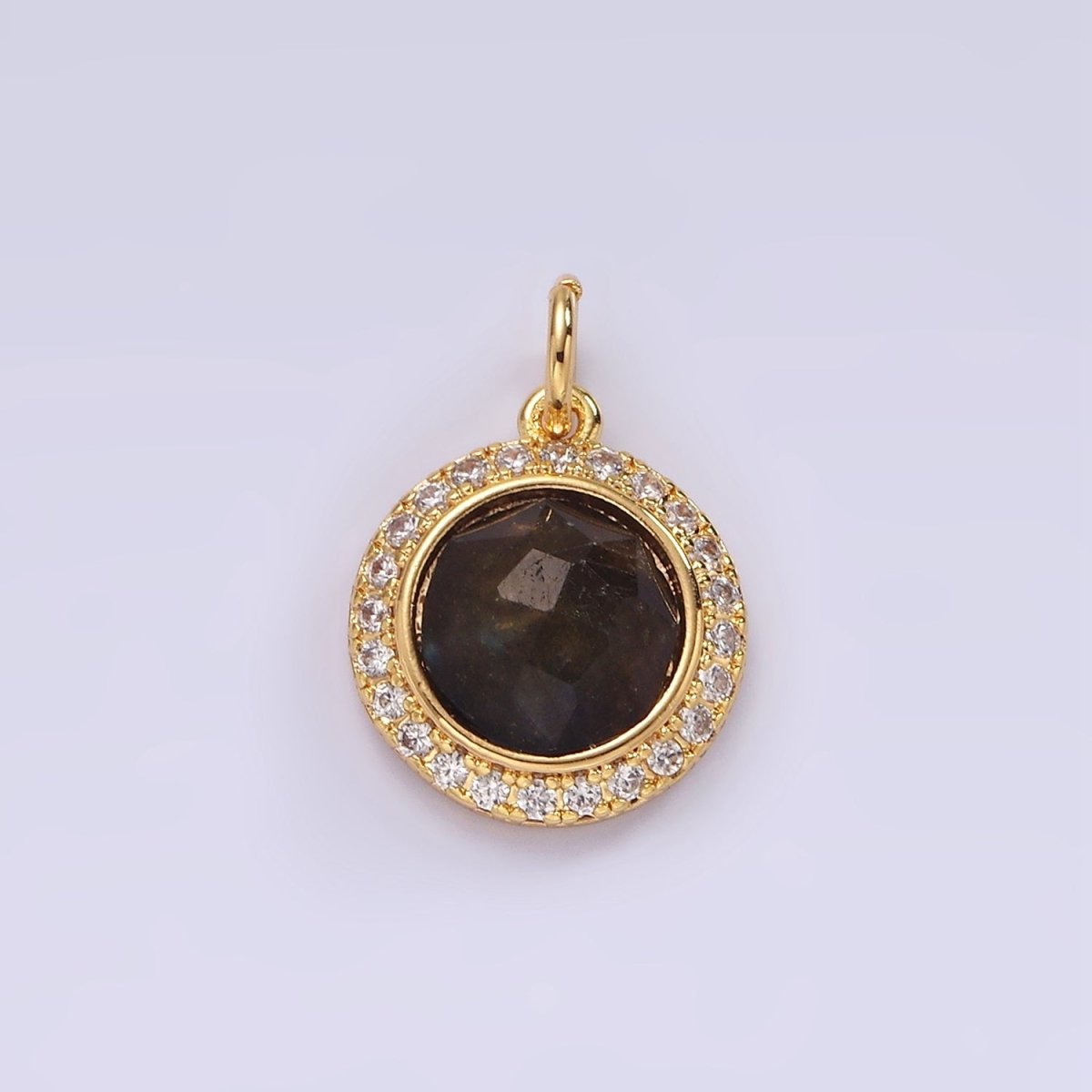 14K Gold Filled 12mm Natural Gemstone Multifaceted Micro Paved CZ Round Charm | AG462 - AG470