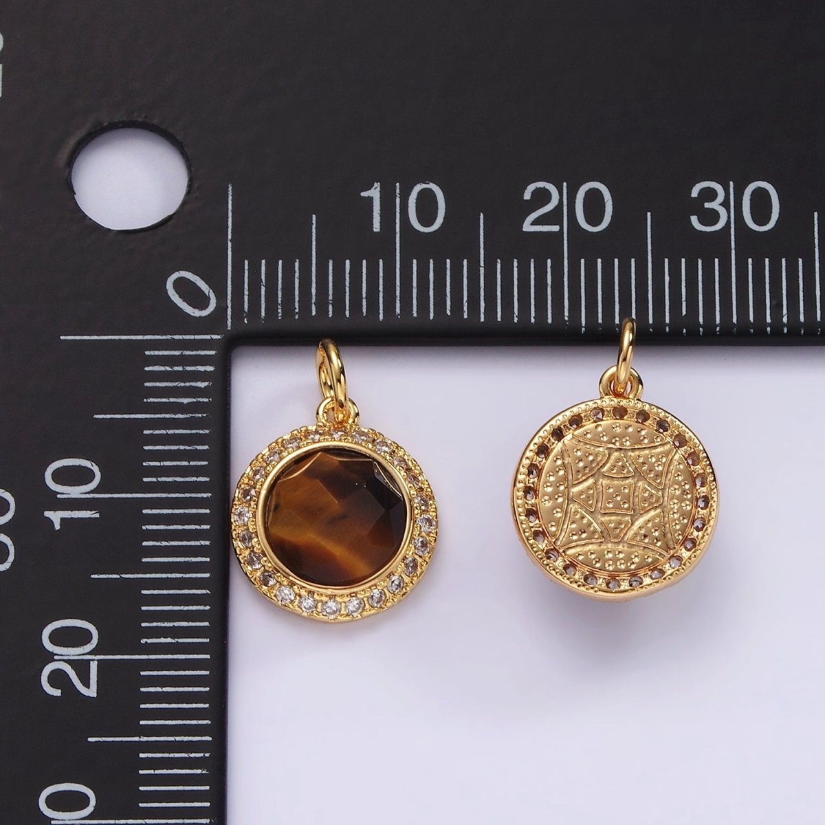 14K Gold Filled 12mm Natural Gemstone Multifaceted Micro Paved CZ Round Charm | AG462 - AG470
