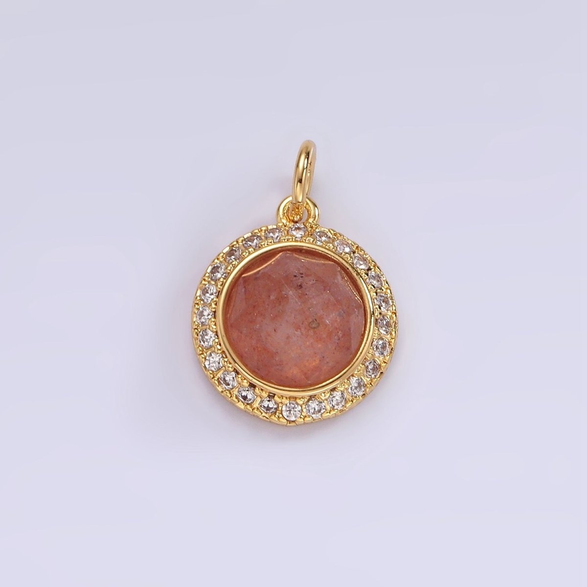 14K Gold Filled 12mm Natural Gemstone Multifaceted Micro Paved CZ Round Charm | AG462 - AG470