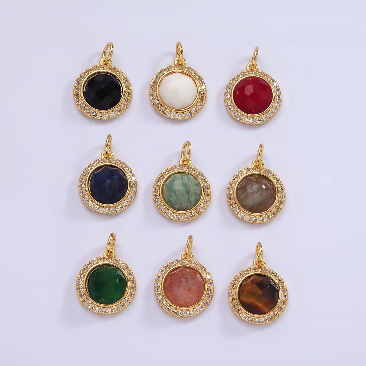 14K Gold Filled 12mm Natural Gemstone Multifaceted Micro Paved CZ Round Charm | AG462 - AG470