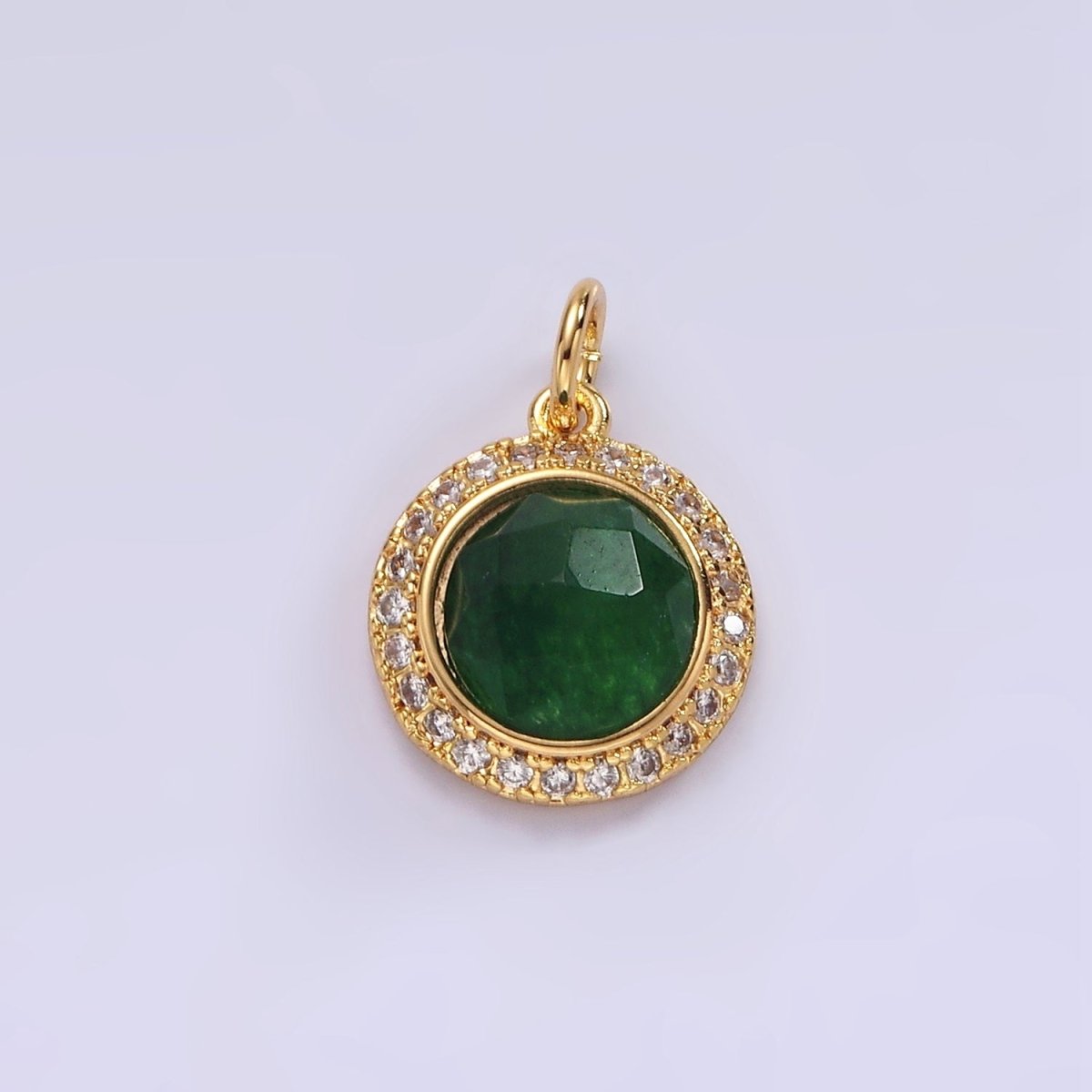 14K Gold Filled 12mm Natural Gemstone Multifaceted Micro Paved CZ Round Charm | AG462 - AG470