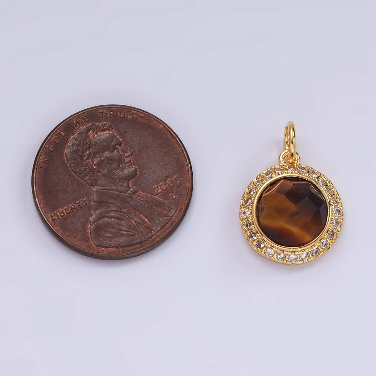 14K Gold Filled 12mm Natural Gemstone Multifaceted Micro Paved CZ Round Charm | AG462 - AG470