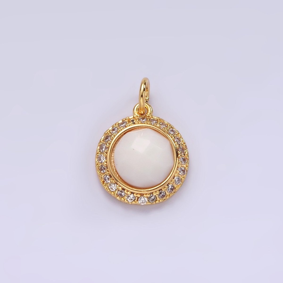 14K Gold Filled 12mm Natural Gemstone Multifaceted Micro Paved CZ Round Charm | AG462 - AG470