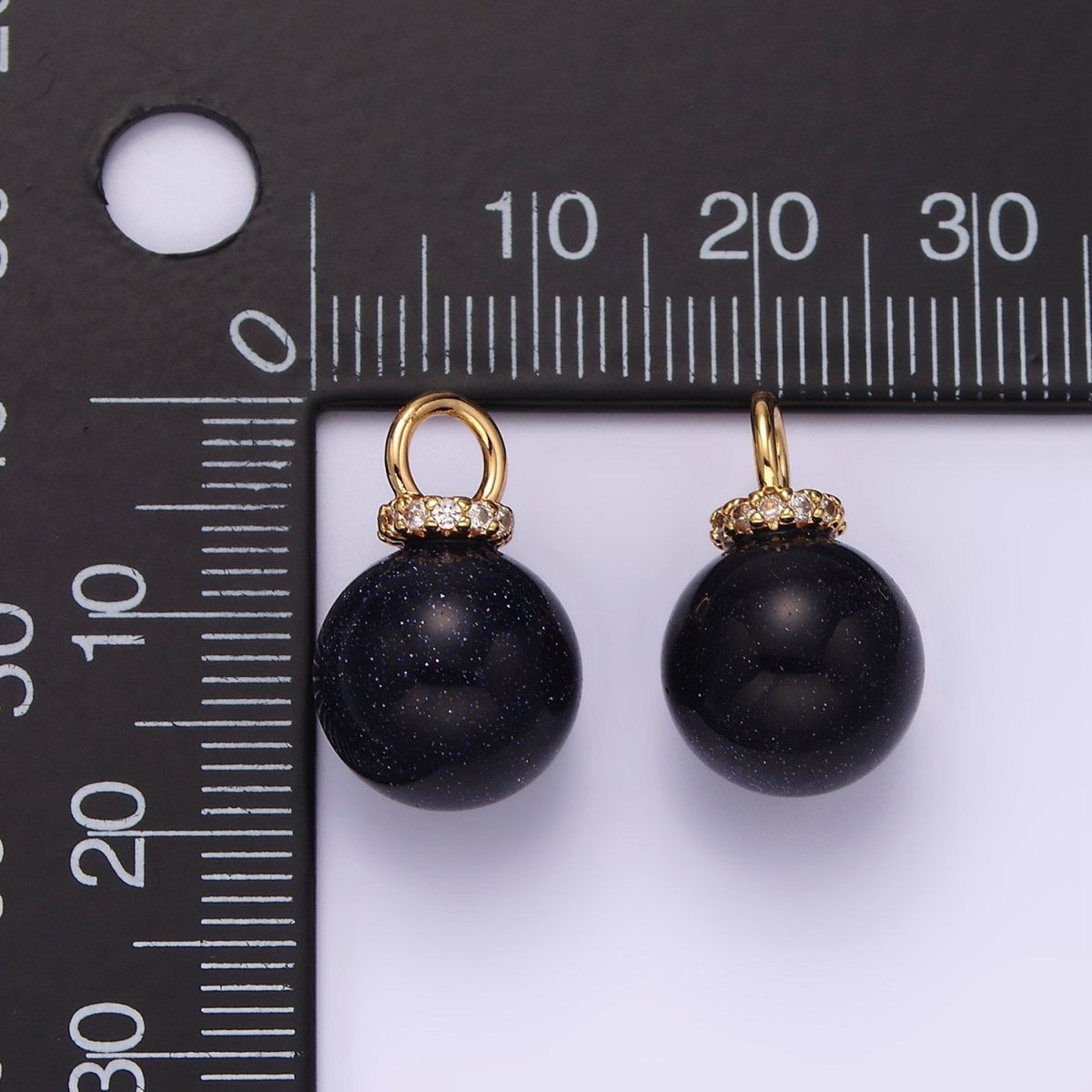 14K Gold Filled 12mm Synthetic Blue Goldstone Round Sphere Ball Micro Paved CZ Pendant | N1020 - DLUXCA