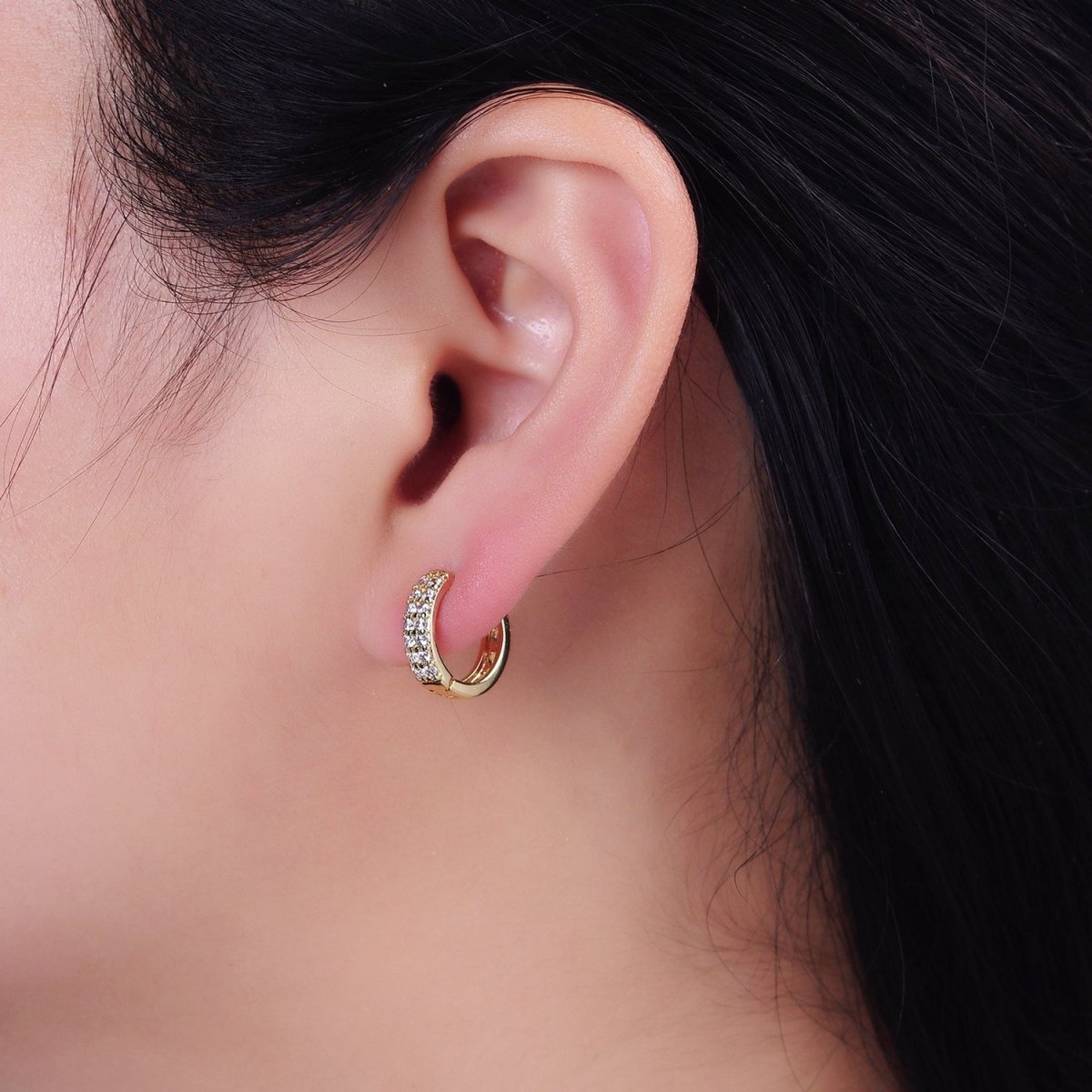 14K Gold Filled 13mm Clear Micro Paved Round Filigree Huggie Earrings | AE579 - DLUXCA