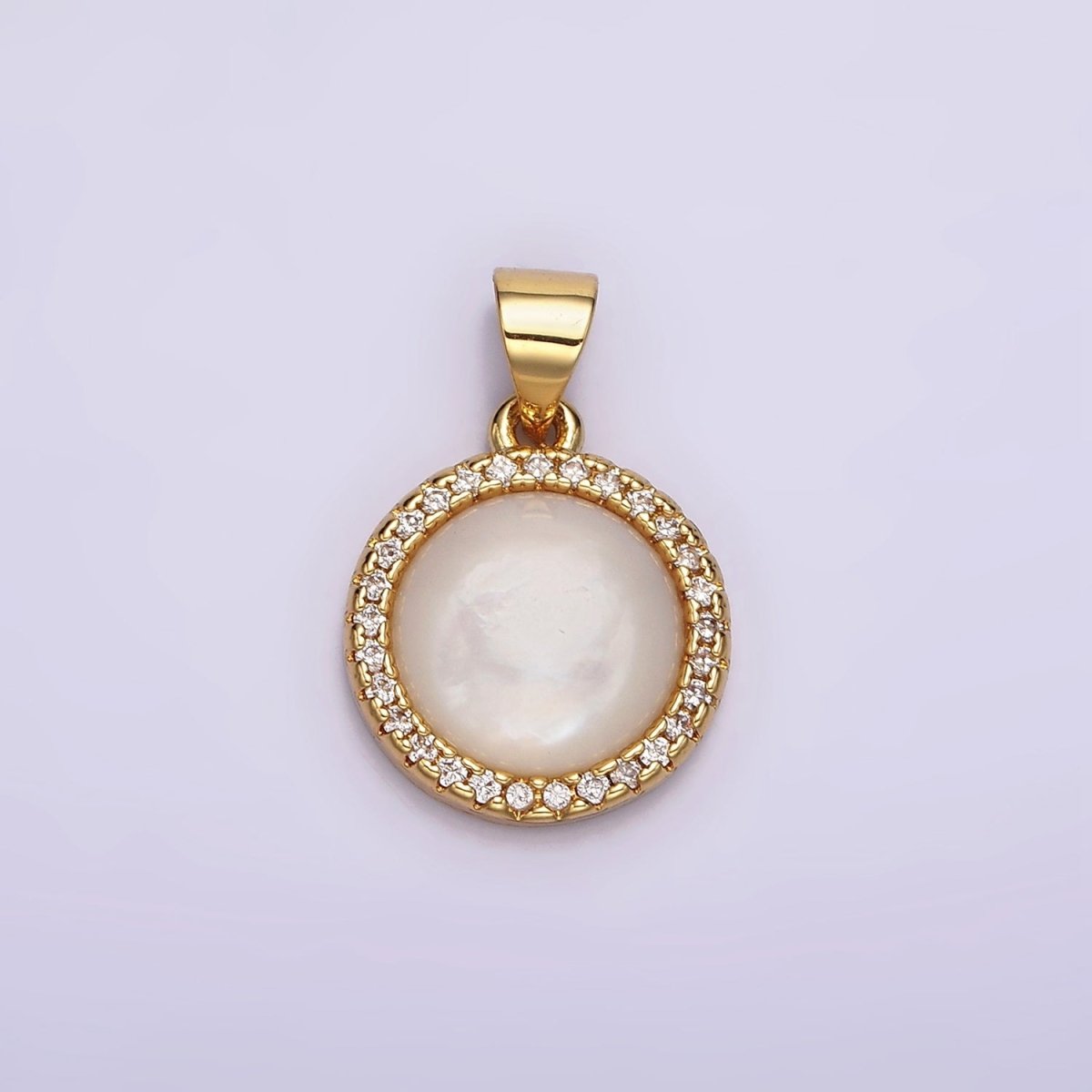 14K Gold Filled 13mm Moonstone Gemstone Micro Paved CZ Round Pendant | N1937 - DLUXCA