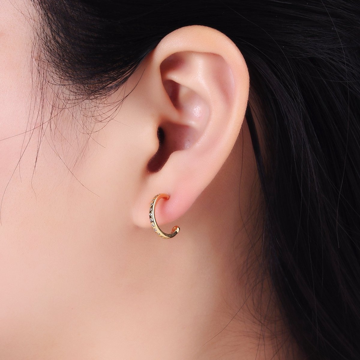 14K Gold Filled 14mm CZ Dotted C-Shaped Hoop Earrings | AB1345 - DLUXCA