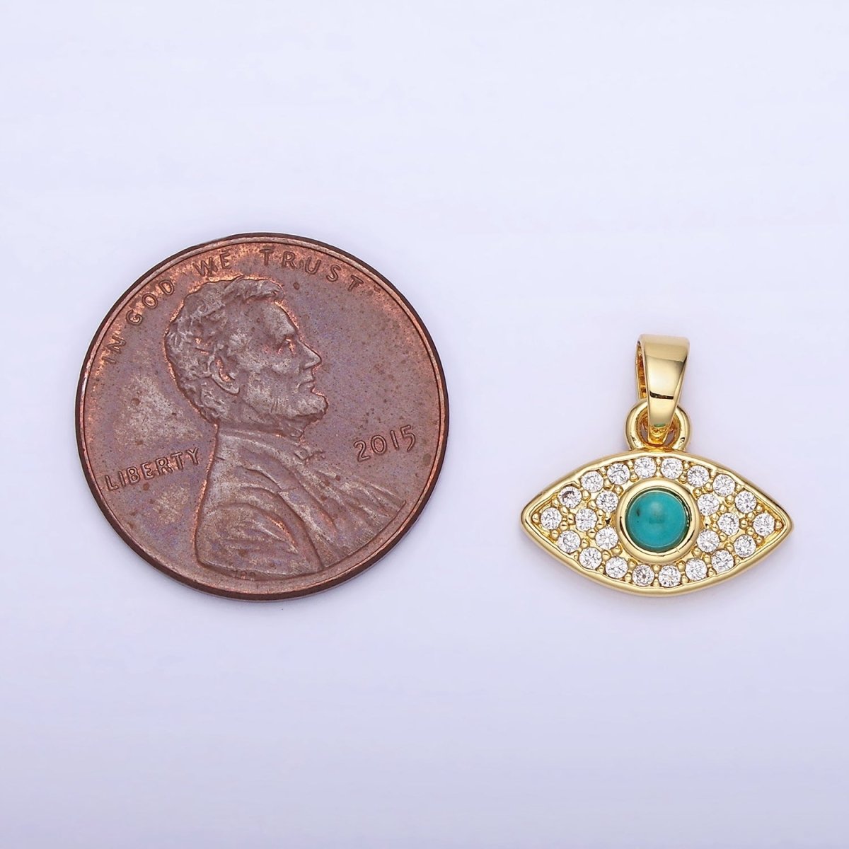 14K Gold Filled 14mm Turquoise Micro Paved CZ Evil Eye Pendant in Gold & Silver | AA1249
