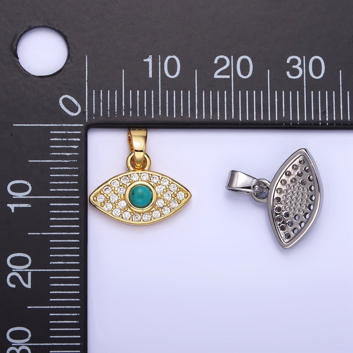 14K Gold Filled 14mm Turquoise Micro Paved CZ Evil Eye Pendant in Gold & Silver | AA1249
