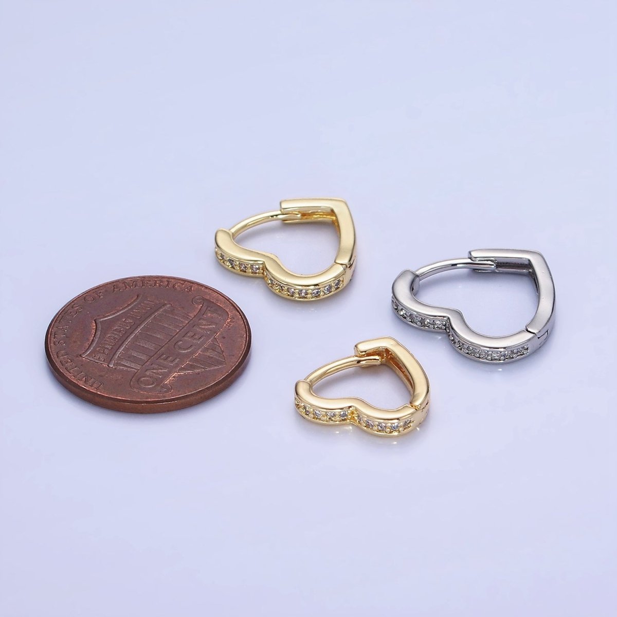 14K Gold Filled 15mm, 14mm Micro Paved CZ Heart Huggie Earrings in Gold & Silver | AB1355 - AB1357