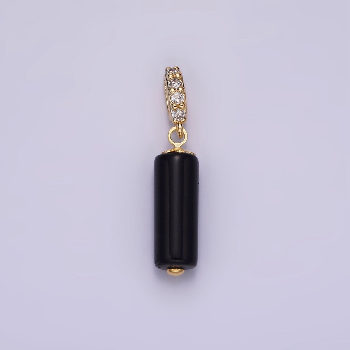 14K Gold Filled 15mm Black Onyx Gemstone Tube Clear Micro Paved CZ Bail Pendant | N1866 - DLUXCA