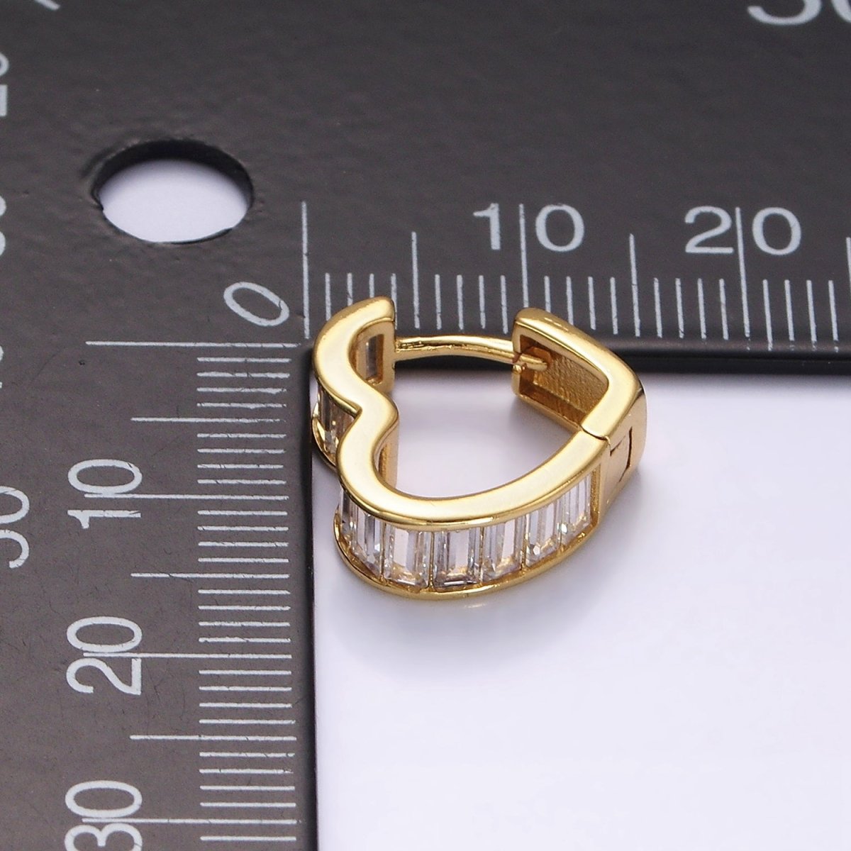 14K Gold Filled 15mm Clear Baguette Lined Heart Huggie Earrings | AE918