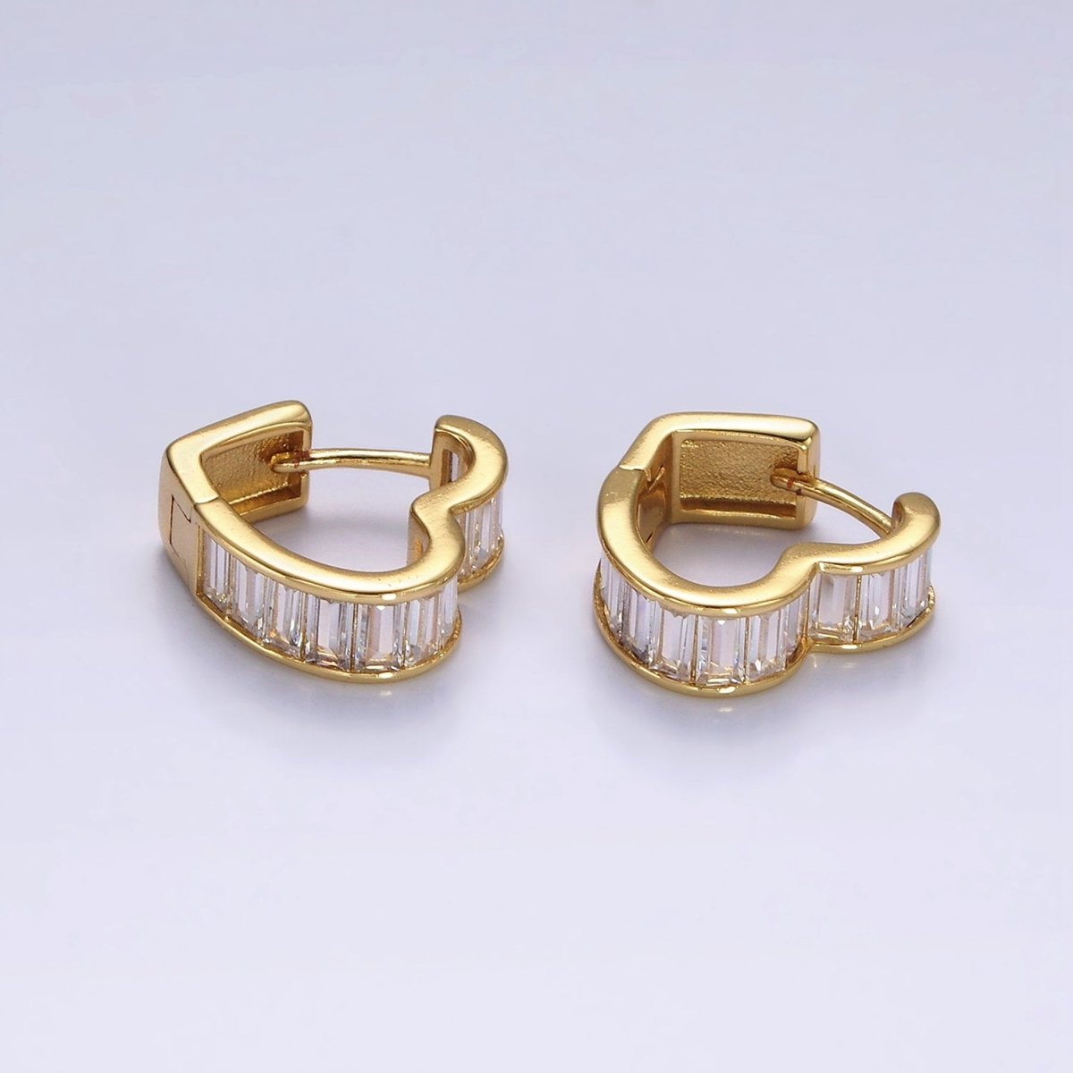 14K Gold Filled 15mm Clear Baguette Lined Heart Huggie Earrings | AE918