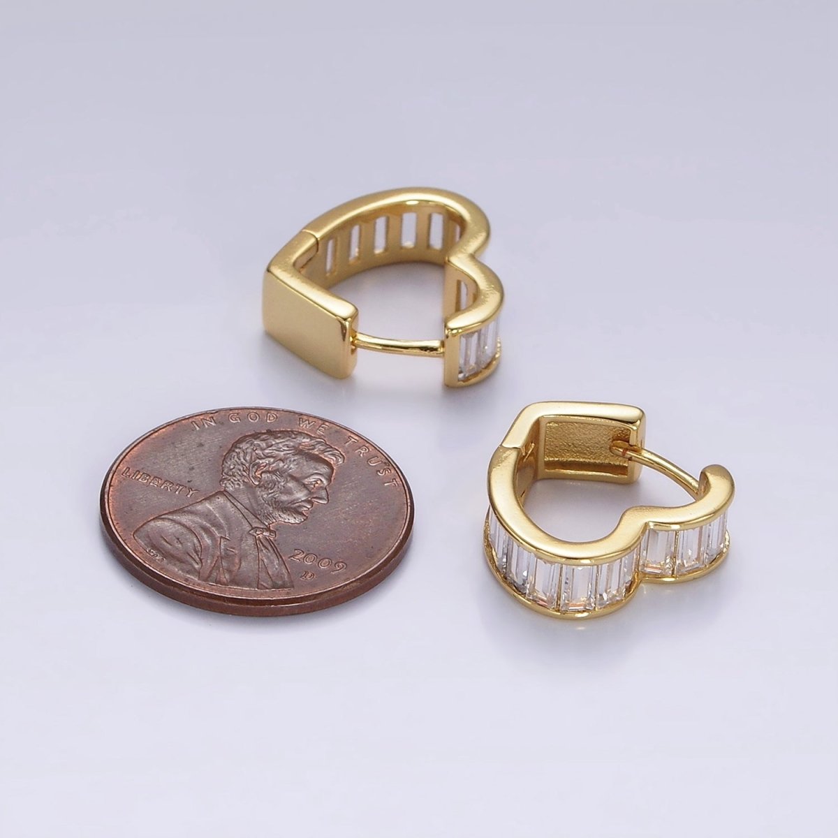 14K Gold Filled 15mm Clear Baguette Lined Heart Huggie Earrings | AE918