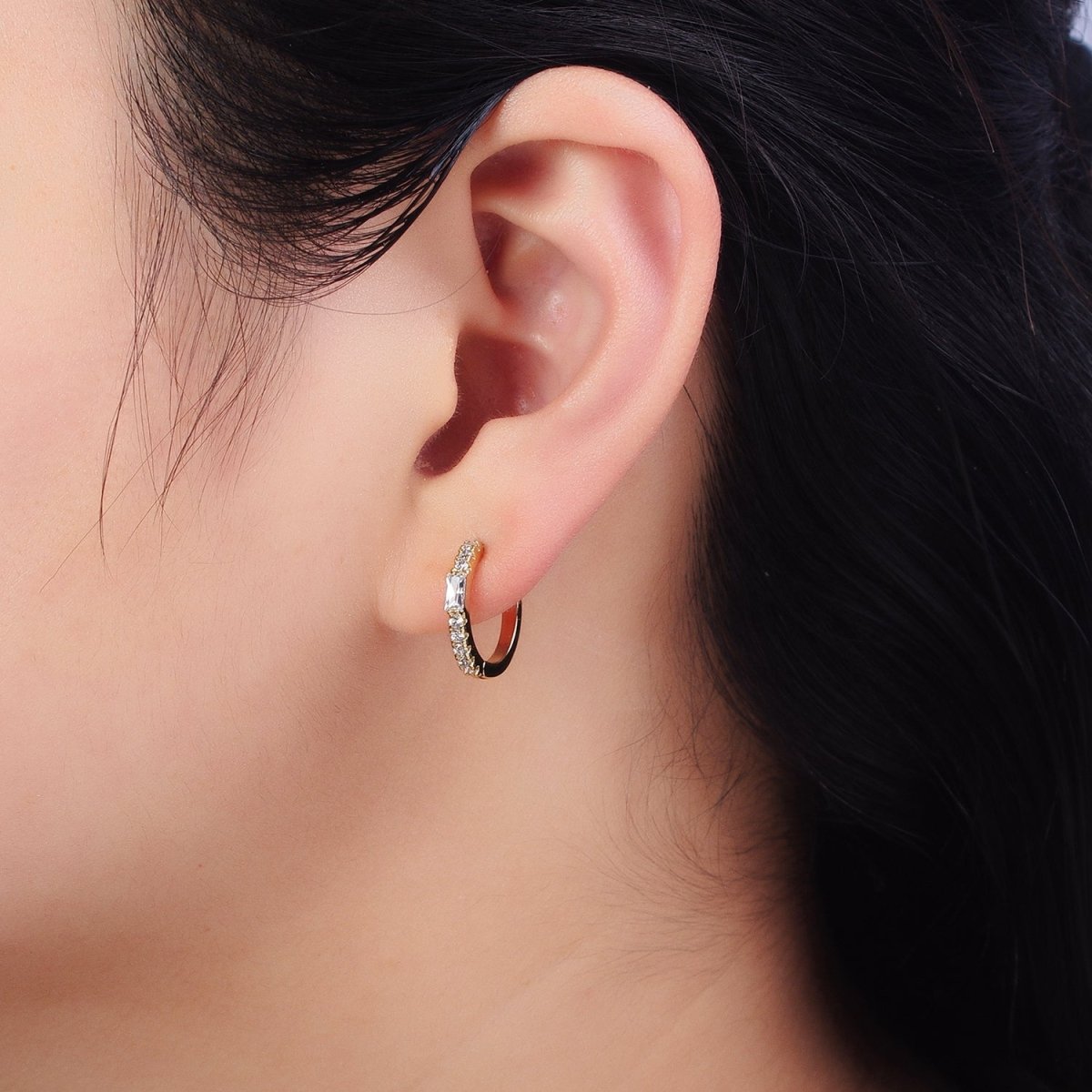 14K Gold Filled 15mm Clear Baguette Micro Paved CZ Huggie Earrings | AB414 - DLUXCA