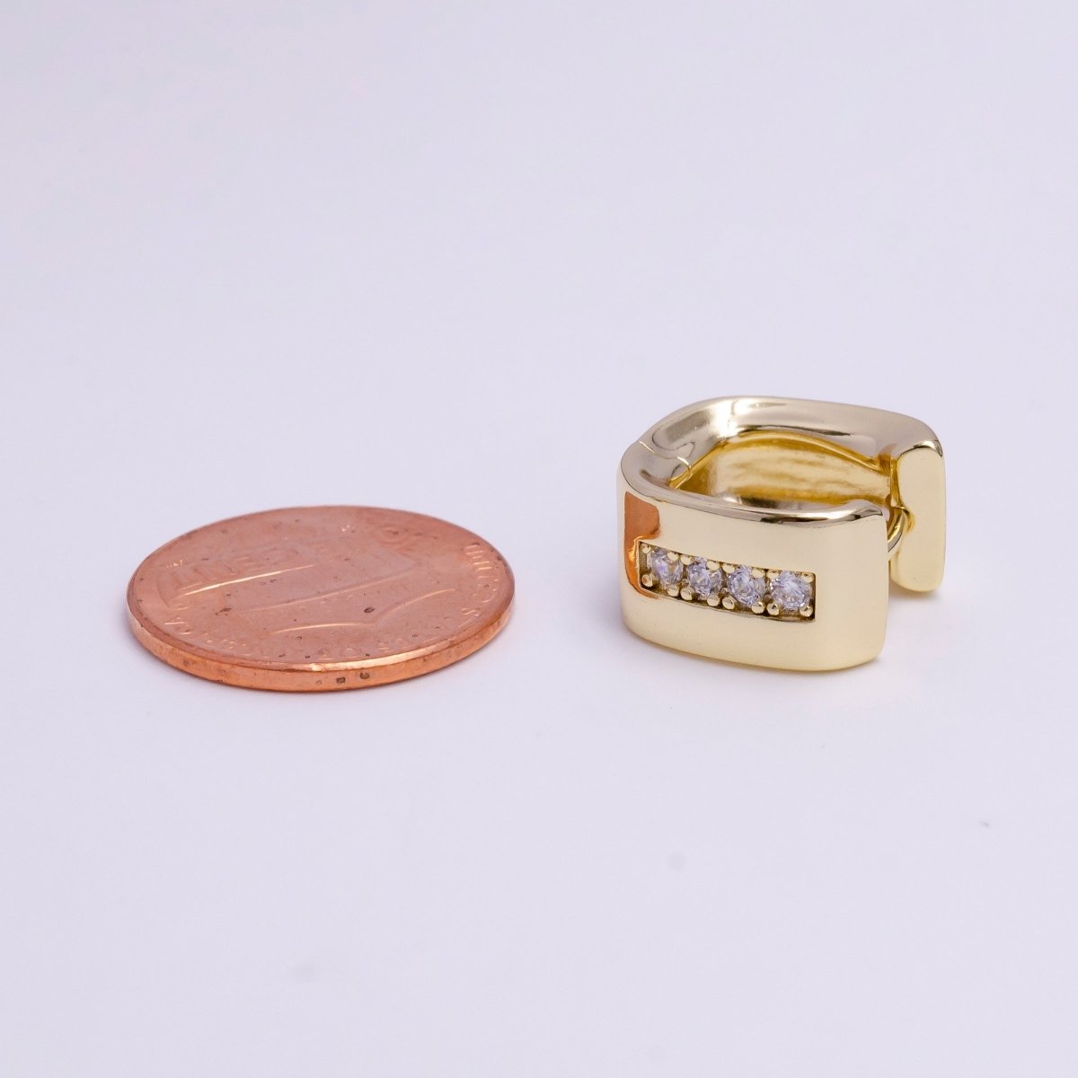 14K Gold Filled 15mm Clear CZ Lined Curve-Edged Wide Square Huggie Hoop Earrings | Y-927 - DLUXCA