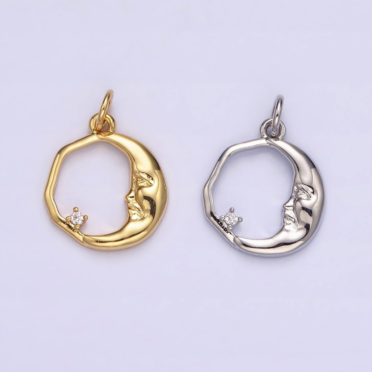 14K Gold Filled 15mm Clear CZ Open Crescent Moon Face Abstract Round Charm in Gold & Silver | N1114 N1115