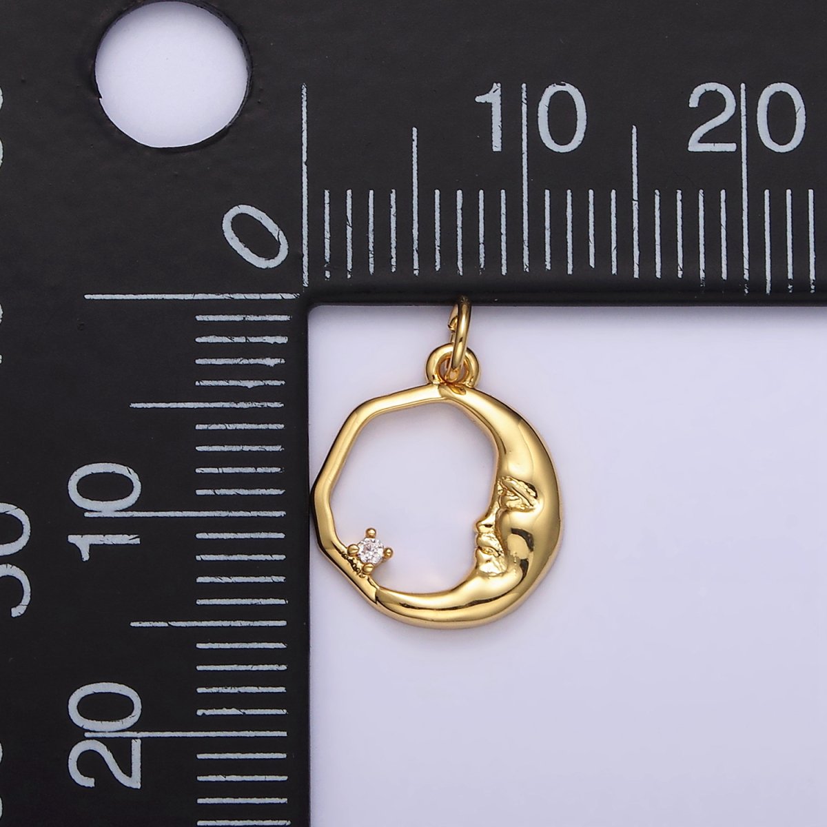 14K Gold Filled 15mm Clear CZ Open Crescent Moon Face Abstract Round Charm in Gold & Silver | N1114 N1115