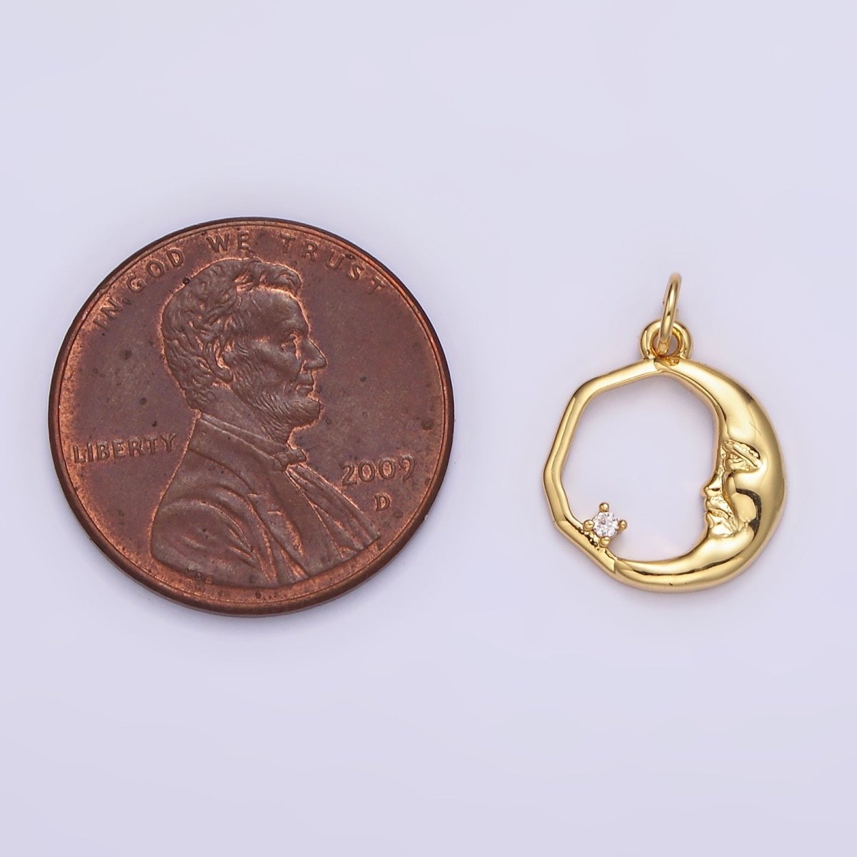 14K Gold Filled 15mm Clear CZ Open Crescent Moon Face Abstract Round Charm in Gold & Silver | N1114 N1115