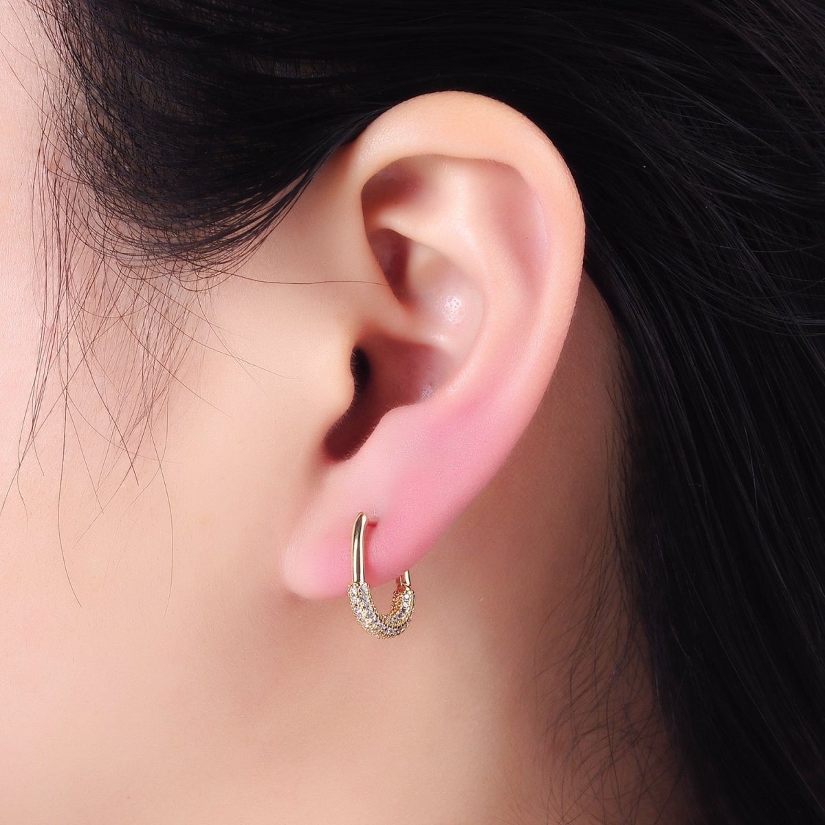 14K Gold Filled 15mm Micro Paved CZ Oblong Hoop Earrings | AB1324 - DLUXCA